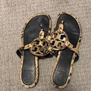 Tory Burch Black and Gold Sandals with Logo Detail